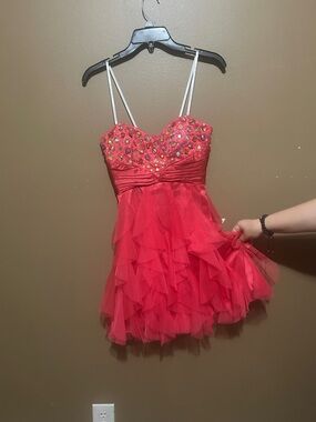 Red Beaded Ruffle Mini Dress with Spaghetti Straps